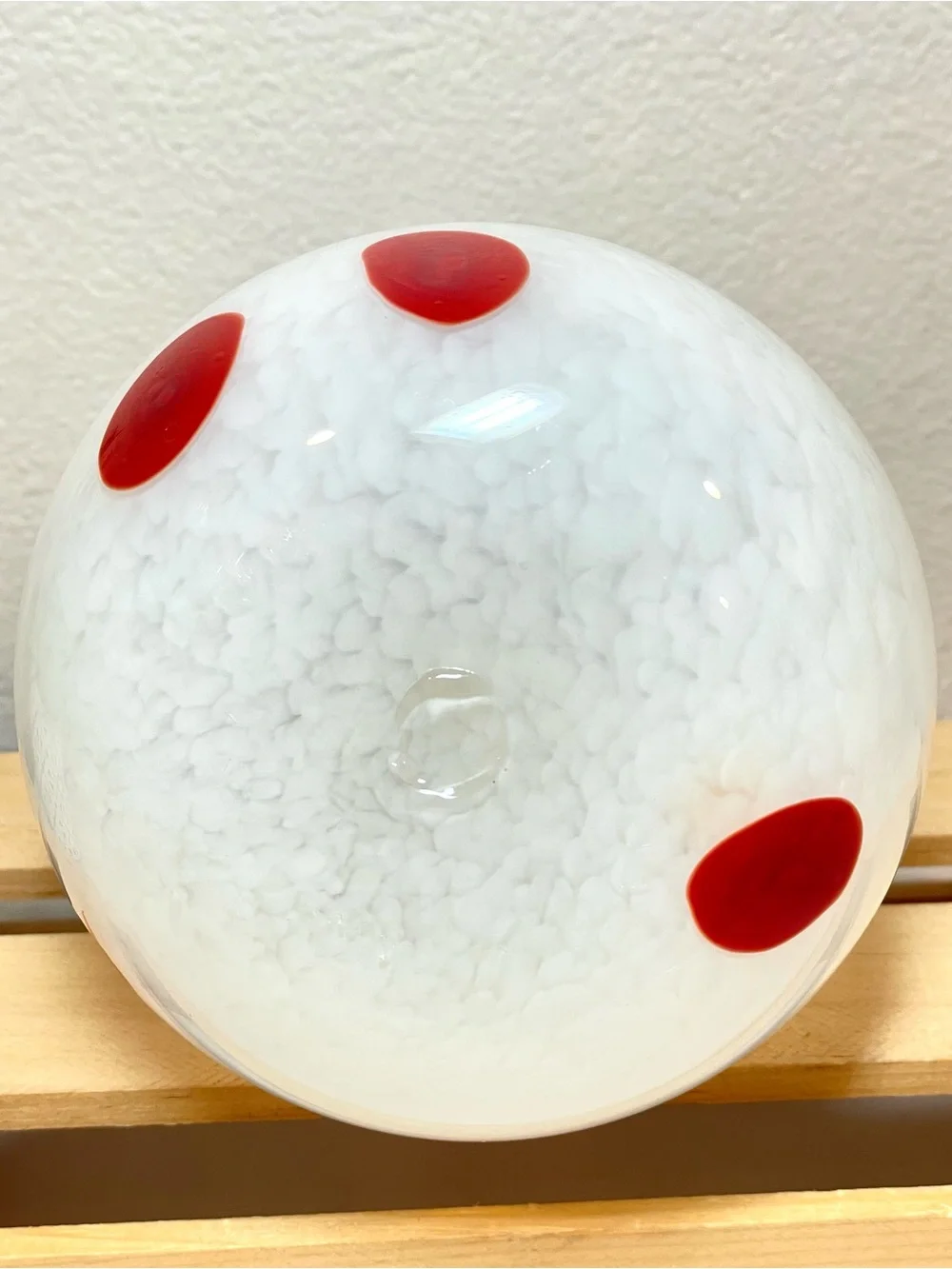 Mottled White w Red Abstract Polka Dots Black Top Rim Glass Art Vase | EUC
